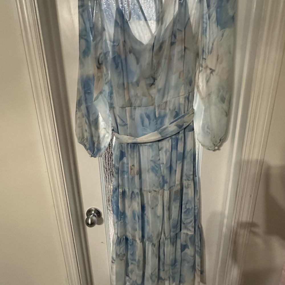 Calvin Klein Blue and Gray Wrap Sundress with Bishop Sleeves